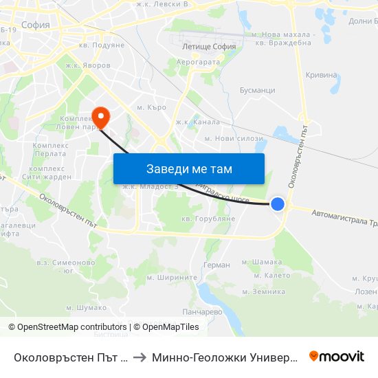 Околовръстен Път / Ring Road (1184) to Минно-Геоложки Университет ""Св.Иван Рилски"" map