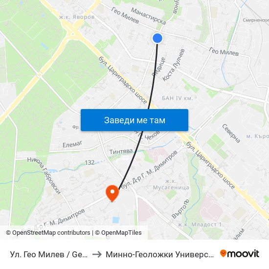 Ул. Гео Милев / Geo Milev St. (1905) to Минно-Геоложки Университет ""Св.Иван Рилски"" map