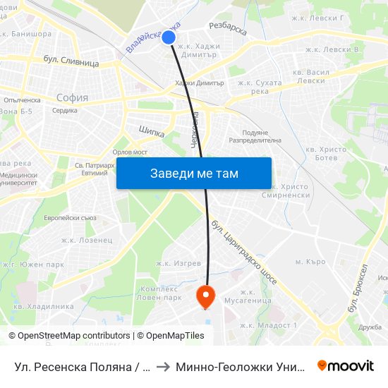 Ул. Ресенска Поляна / Resenska Polyana St. (2157) to Минно-Геоложки Университет ""Св.Иван Рилски"" map