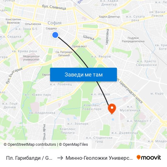 Пл. Гарибалди / Garibaldi Sq. (1996) to Минно-Геоложки Университет ""Св.Иван Рилски"" map