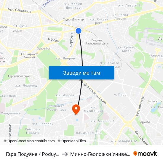 Гара Подуяне / Poduyane Train Station (0466) to Минно-Геоложки Университет ""Св.Иван Рилски"" map