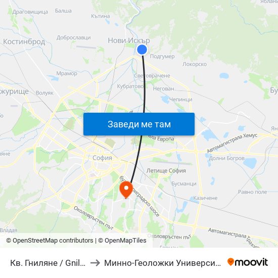Кв. Гниляне / Gnilyane Qr. (0828) to Минно-Геоложки Университет ""Св.Иван Рилски"" map