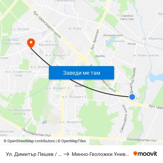 Ул. Димитър Пешев / Dimitar Peshev St. (1930) to Минно-Геоложки Университет ""Св.Иван Рилски"" map
