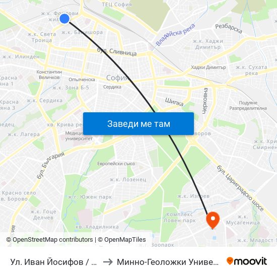 Ул. Иван Йосифов / Ivan Yosifov St. (1951) to Минно-Геоложки Университет ""Св.Иван Рилски"" map