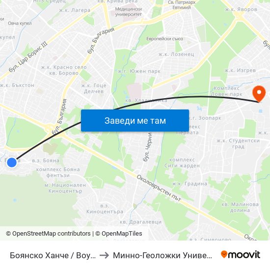 Боянско Ханче / Boyansko Hanche (0265) to Минно-Геоложки Университет ""Св.Иван Рилски"" map