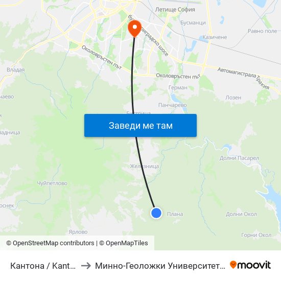 Кантона / Kantona (0792) to Минно-Геоложки Университет ""Св.Иван Рилски"" map