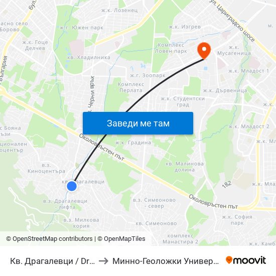 Кв. Драгалевци / Dragalevtsi Qr. (0835) to Минно-Геоложки Университет ""Св.Иван Рилски"" map