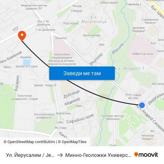 Ул. Йерусалим / Jerusalem St. (2471) to Минно-Геоложки Университет ""Св.Иван Рилски"" map