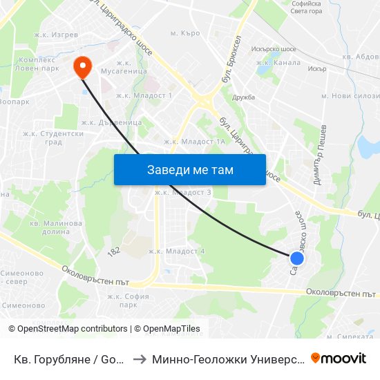 Кв. Горубляне / Gorublyane Qr. (0830) to Минно-Геоложки Университет ""Св.Иван Рилски"" map