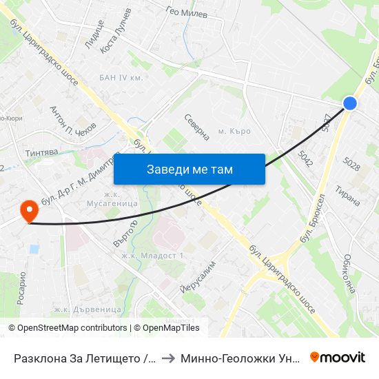 Разклона За Летището / Fork Road To Sofia Airport (1452) to Минно-Геоложки Университет ""Св.Иван Рилски"" map