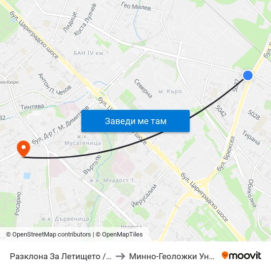 Разклона За Летището / Fork Road To Sofia Airport (1454) to Минно-Геоложки Университет ""Св.Иван Рилски"" map