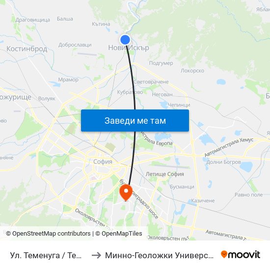 Ул. Теменуга / Temenuga St. (2200) to Минно-Геоложки Университет ""Св.Иван Рилски"" map