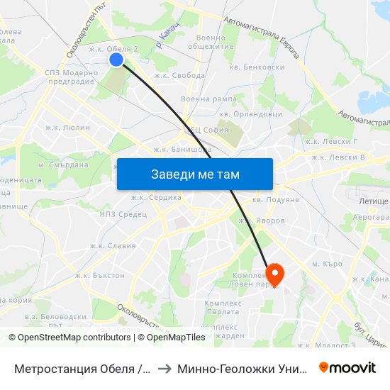 Метростанция Обеля / Obelya Metro Station (6240) to Минно-Геоложки Университет ""Св.Иван Рилски"" map