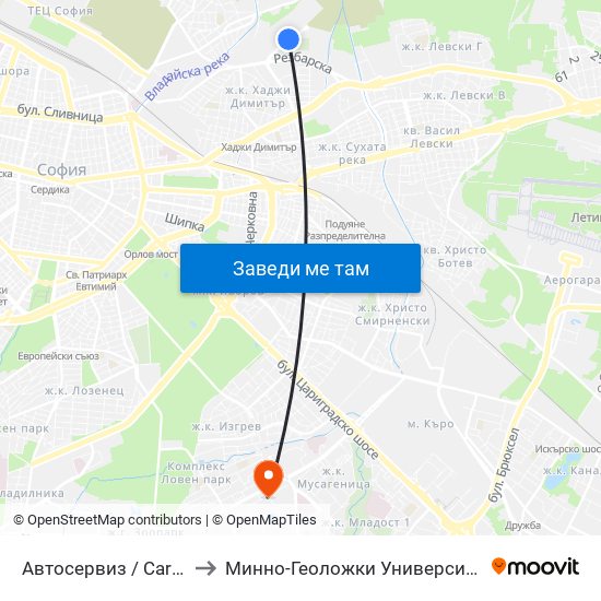 Автосервиз / Car Service (0514) to Минно-Геоложки Университет ""Св.Иван Рилски"" map