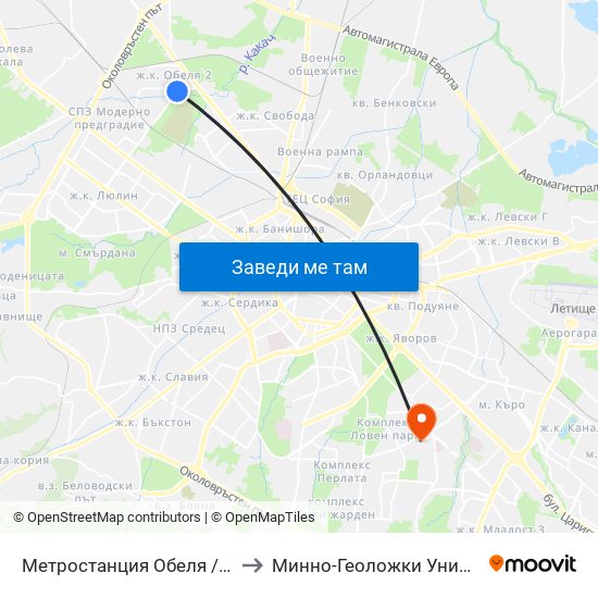 Метростанция Обеля / Obelya Metro Station (6241) to Минно-Геоложки Университет ""Св.Иван Рилски"" map