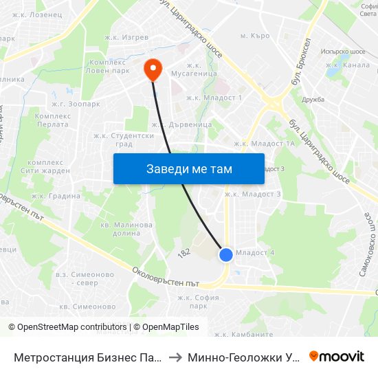 Метростанция Бизнес Парк / Business Park Metro Station (2490) to Минно-Геоложки Университет ""Св.Иван Рилски"" map