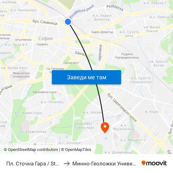 Пл. Сточна Гара / Stochna Gara Sq. (1315) to Минно-Геоложки Университет ""Св.Иван Рилски"" map