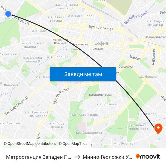 Метростанция Западен Парк / Zapaden Park Metro Station (1049) to Минно-Геоложки Университет ""Св.Иван Рилски"" map