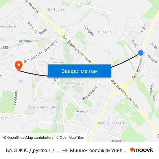 Бл. 3 Ж.К. Дружба 1 / Bl. 3, Druzhba 1 Qr.  (0184) to Минно-Геоложки Университет ""Св.Иван Рилски"" map