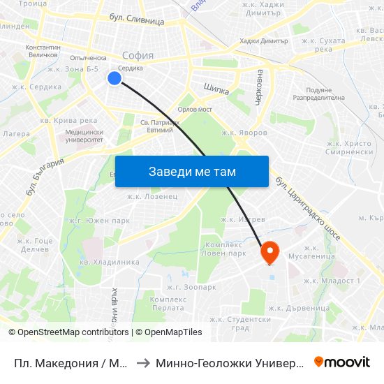 Пл. Македония / Macedonia Sq. (1283) to Минно-Геоложки Университет ""Св.Иван Рилски"" map