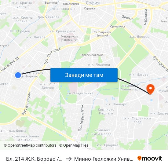 Бл. 214 Ж.К. Борово / Bl. 214, Borovo Qr. (0164) to Минно-Геоложки Университет ""Св.Иван Рилски"" map