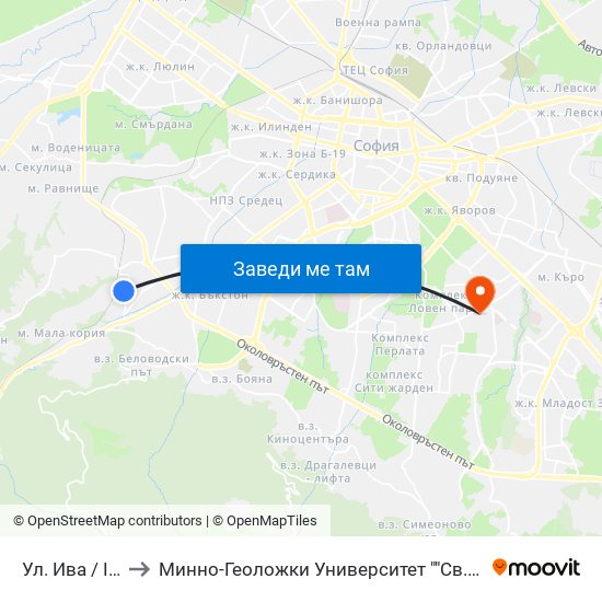 Ул. Ива / Iva St. to Минно-Геоложки Университет ""Св.Иван Рилски"" map