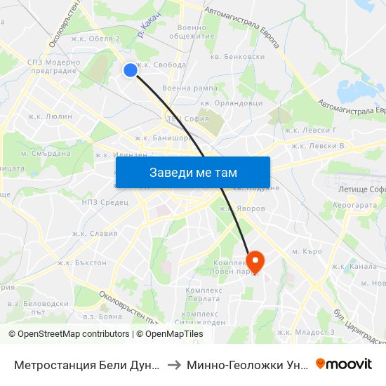 Метростанция Бели Дунав / Beli Dunav Metro Station (6708) to Минно-Геоложки Университет ""Св.Иван Рилски"" map