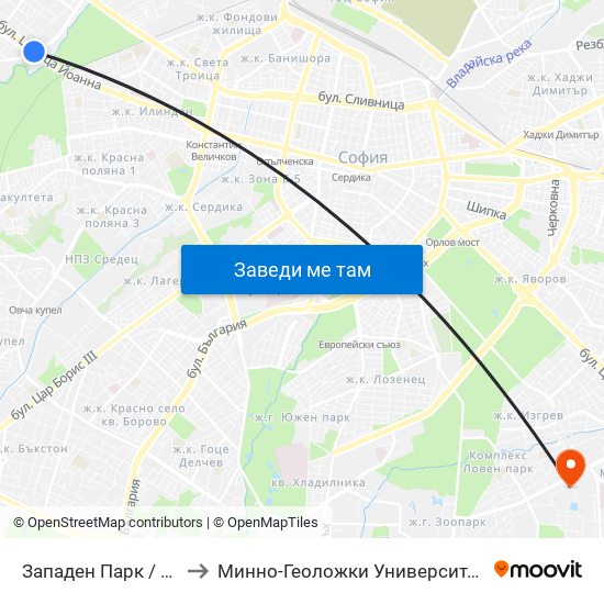 Западен Парк / Zapaden Park to Минно-Геоложки Университет ""Св.Иван Рилски"" map