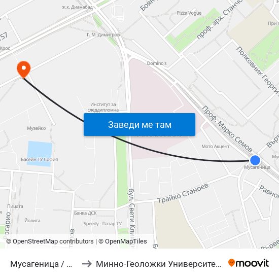 Мусагеница /  Musagenitsa to Минно-Геоложки Университет ""Св.Иван Рилски"" map