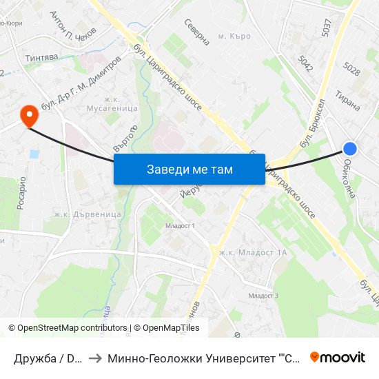 Дружба / Druzhba to Минно-Геоложки Университет ""Св.Иван Рилски"" map