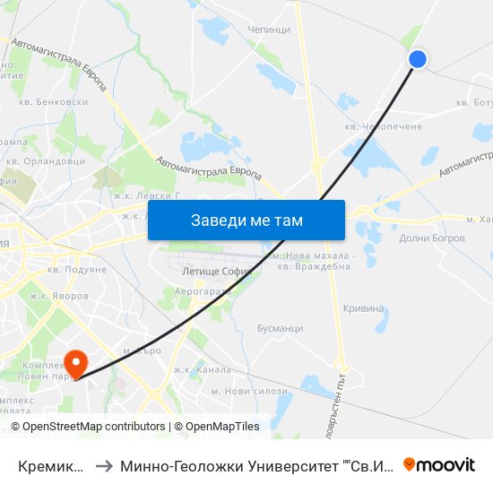 Кремиковци to Минно-Геоложки Университет ""Св.Иван Рилски"" map