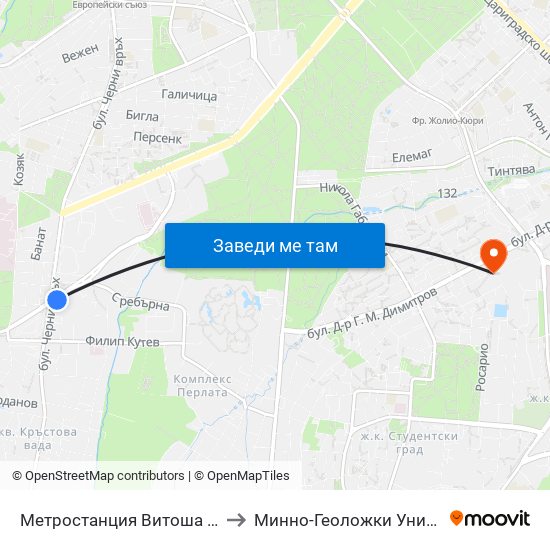 Метростанция Витоша / Vitosha Metro Station (0912) to Минно-Геоложки Университет ""Св.Иван Рилски"" map