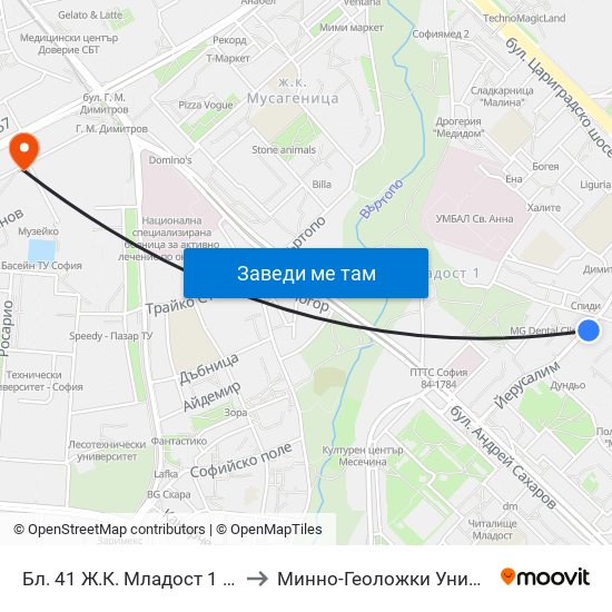 Бл. 41 Ж.К. Младост 1 / Bl. 41, Mladost 1 Qr. (0209) to Минно-Геоложки Университет ""Св.Иван Рилски"" map
