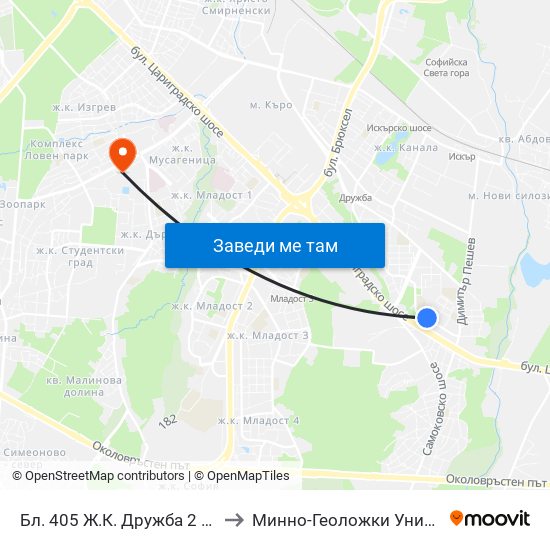 Бл. 405 Ж.К. Дружба 2 / Bl. 405, Druzhba 2 Qr. (1487) to Минно-Геоложки Университет ""Св.Иван Рилски"" map