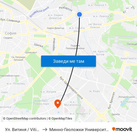 Ул. Витиня / Vitinya St. (1753) to Минно-Геоложки Университет ""Св.Иван Рилски"" map