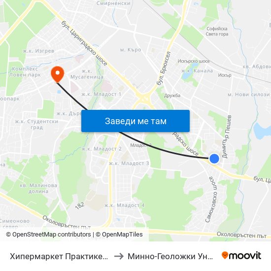 Хипермаркет Практикер / Praktiker Hypermarket (2408) to Минно-Геоложки Университет ""Св.Иван Рилски"" map