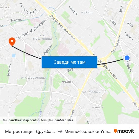 Метростанция Дружба / Druzhba Metro Station (2739) to Минно-Геоложки Университет ""Св.Иван Рилски"" map