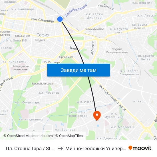 Пл. Сточна Гара / Stochna Gara Sq (1318) to Минно-Геоложки Университет ""Св.Иван Рилски"" map