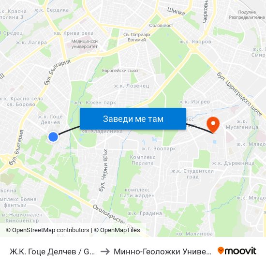 Ж.К. Гоце Делчев / Gotse Delchev Qr. (0600) to Минно-Геоложки Университет ""Св.Иван Рилски"" map