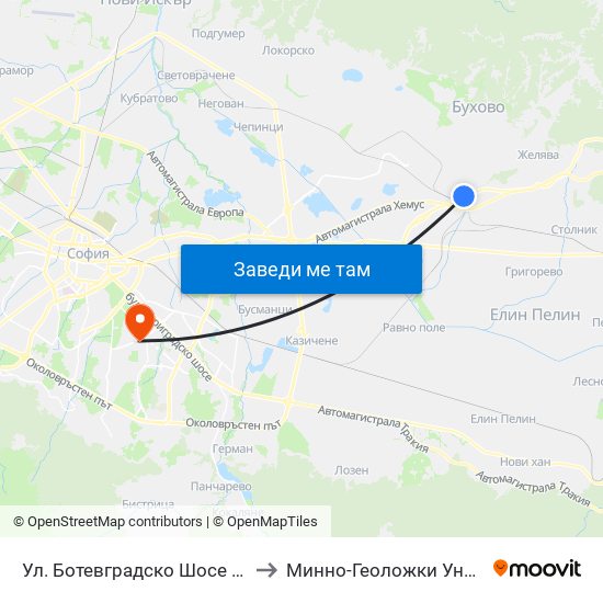 Ул. Ботевградско Шосе / Botevgradsko Shosse St. (2816) to Минно-Геоложки Университет ""Св.Иван Рилски"" map