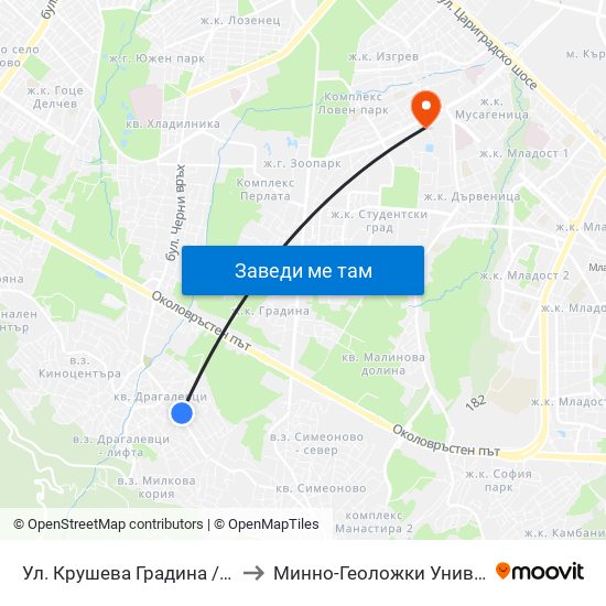 Ул. Крушева Градина / Krusheva Gradina St (6706) to Минно-Геоложки Университет ""Св.Иван Рилски"" map