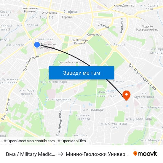 Вма / Military Medical Academy (0419) to Минно-Геоложки Университет ""Св.Иван Рилски"" map
