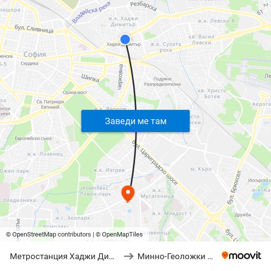 Метростанция Хаджи Димитър / Hadzhi Dimitar Metro Station (2821) to Минно-Геоложки Университет ""Св.Иван Рилски"" map