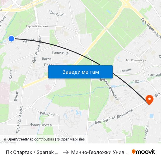 Пк Спартак / Spartak Swimming Complex (6639) to Минно-Геоложки Университет ""Св.Иван Рилски"" map