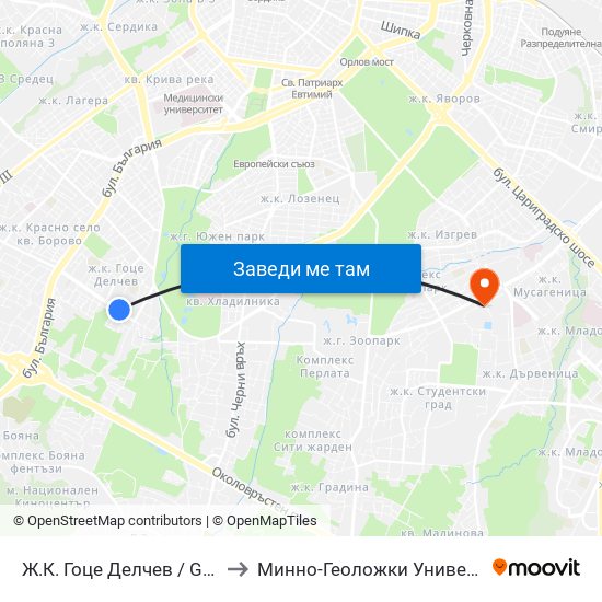 Ж.К. Гоце Делчев / Gotse Delchev Qr. (2861) to Минно-Геоложки Университет ""Св.Иван Рилски"" map