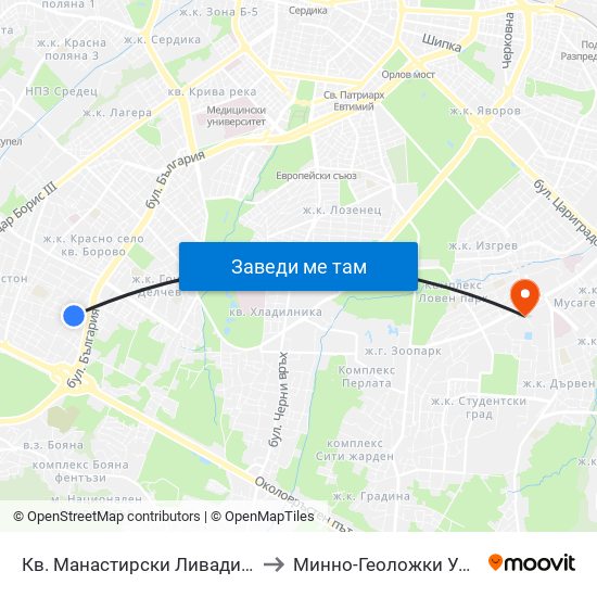 Кв. Манастирски Ливади - Запад / Manastirski Livadi - West Qr. to Минно-Геоложки Университет ""Св.Иван Рилски"" map