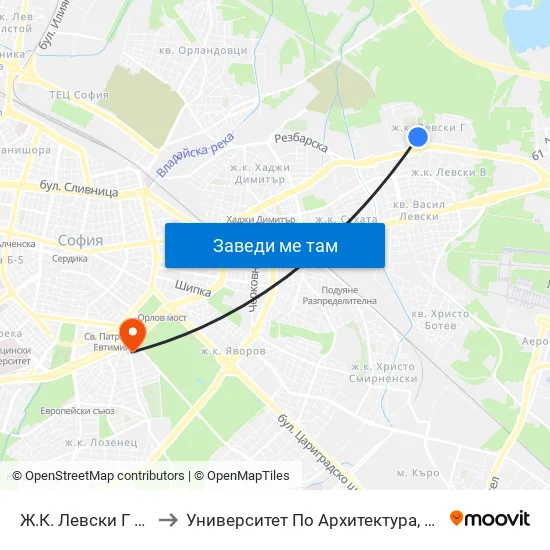 Ж.К. Левски Г / Levski G Qr. (0660) to Университет По Архитектура, Строителство И Геодезия - Ректорат map