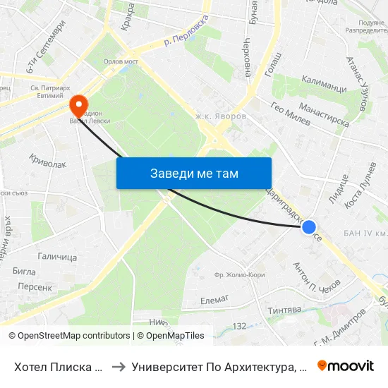 Хотел Плиска / Pliska Hotel (2326) to Университет По Архитектура, Строителство И Геодезия - Ректорат map