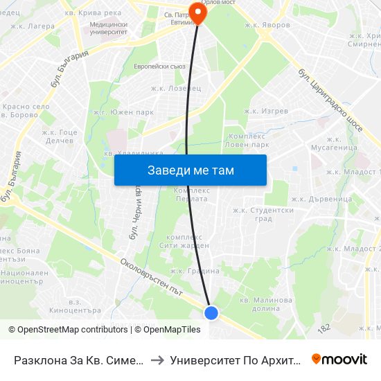 Разклона За Кв. Симеоново / Fork Road To Simeonovo Qr. (1459) to Университет По Архитектура, Строителство И Геодезия - Ректорат map