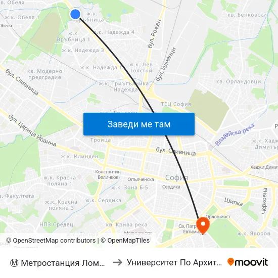 Ⓜ️ Метростанция Ломско Шосе / Lomsko Shose Metro Station (2660) to Университет По Архитектура, Строителство И Геодезия - Ректорат map